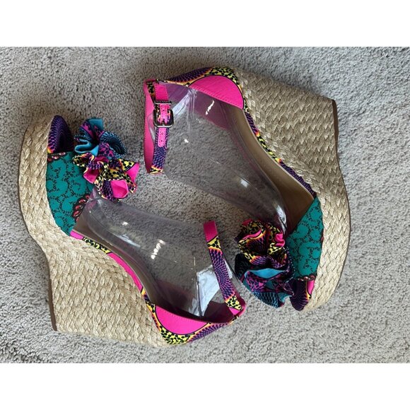 Gianni Bini Shoes Womens Sz 10 Colorful Pink / Blue Strap Wedge Sandals Open Toe - Picture 8 of 13